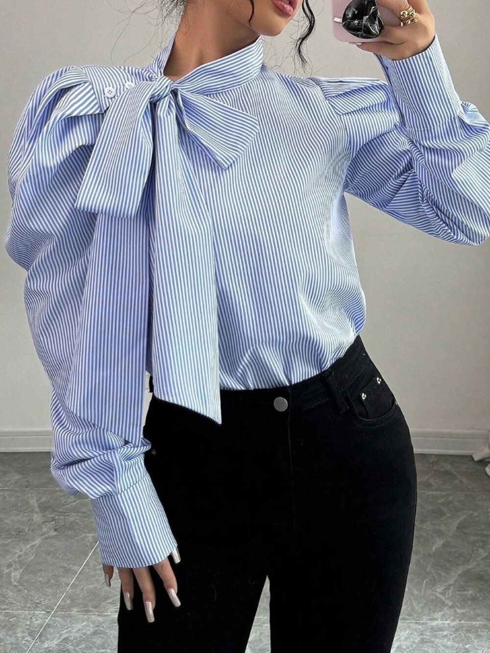 Blue Elegant Women's Bowknot Gigot Sleeve Striped Casual Long Sleeve Shirt - Picture 4 of 6